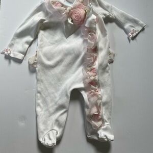 Edgehill Collection White Footed One-Piece with Pink Rosette Trim
